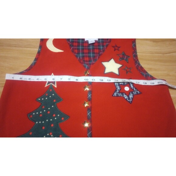 Vintage Embroidered Sweater Womens Size M Vest Christmas Plaid Button Up Fleece - Picture 10 of 11